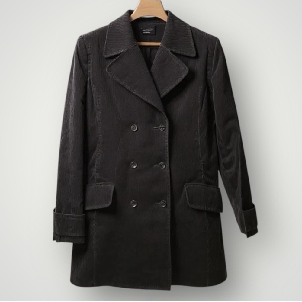 Hennes H&M Long Pea Coat Black Double Breasted Classic Corduroy Notch Collar 12